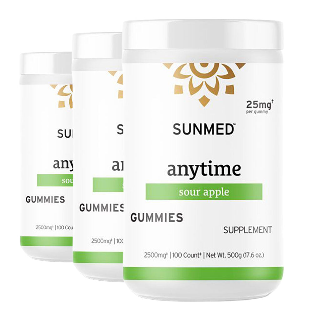 Three containers of Sunmed CBD *30% Off* - Full Profile Anytime Gummies 100ct 3-Pack are shown, each featuring white labels with green accents.