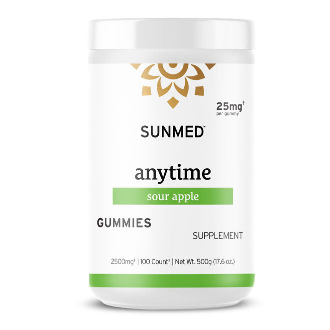 White container labeled “Sunmed CBD *15% Off* - Anytime Gummies 100ct, sour apple supplement, 25mg per gummy.”.