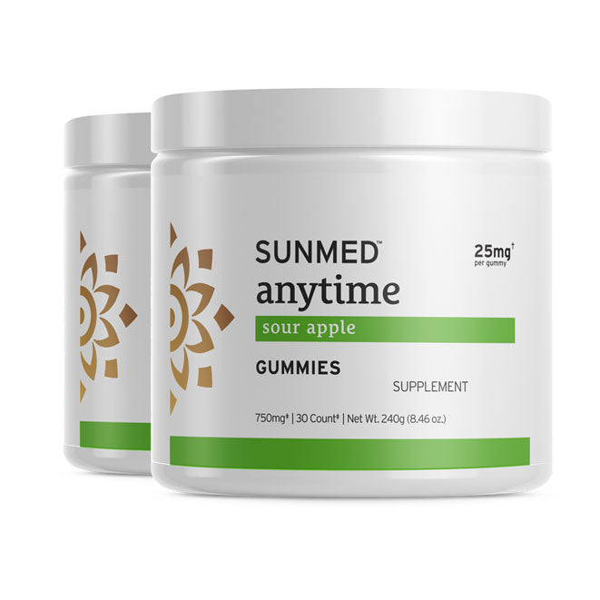 Two white jars labeled “Sunmed CBD *20% Off* - Anytime Gummies 30ct 2-Pack” with green accents, supplement details visible.