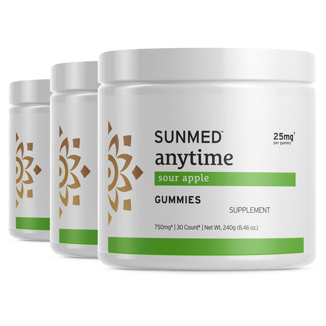 Three white jars of Sunmed CBD *30% Off* - Full Profile Anytime Gummies 30ct 3-Pack are displayed in a staggered row.
