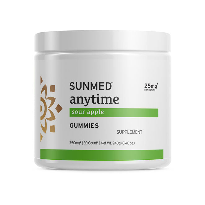 White jar labeled “Sunmed CBD *15% Off* - Anytime Gummies 30ct, sour apple supplement, 25mg per gummy.”.