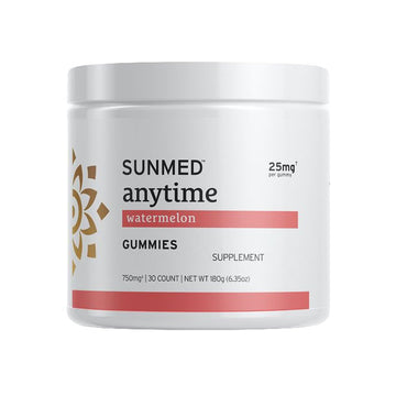 A white jar labeled “Sunmed CBD *15% Off* - Anytime Gummies 30ct,” featuring a red accent and sun graphic.