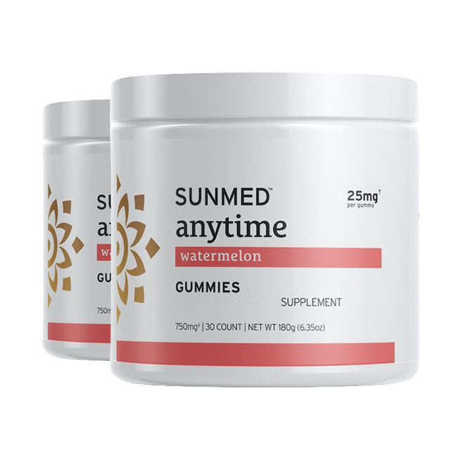 Two containers of Sunmed CBD *20% Off* - Anytime Gummies 30ct 2-Pack, featuring white lids and red accents.
