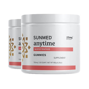 Two containers of Sunmed CBD *20% Off* - Anytime Gummies 30ct 2-Pack, featuring white lids and red accents.