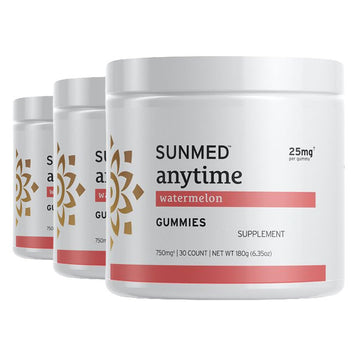 Three jars of Sunmed CBD *30% Off* - Full Profile Anytime Gummies 30ct 3-Pack are shown side by side.