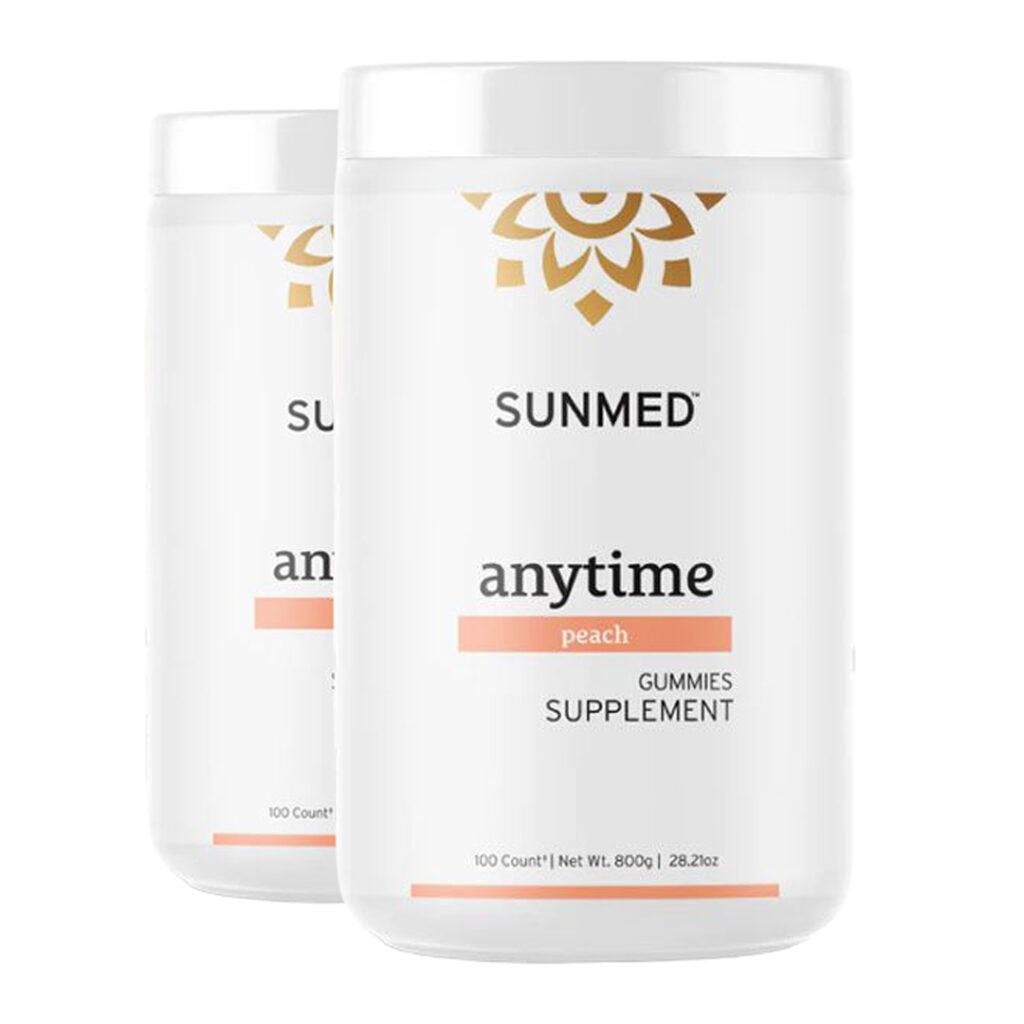 Two white containers from the *20% Off* Sunmed CBD Anytime Gummies 100ct 2-Pack, each containing 100 peach-flavored gummies.