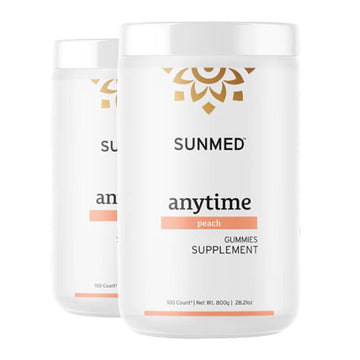 Two white containers from the *20% Off* Sunmed CBD Anytime Gummies 100ct 2-Pack, each containing 100 peach-flavored gummies.