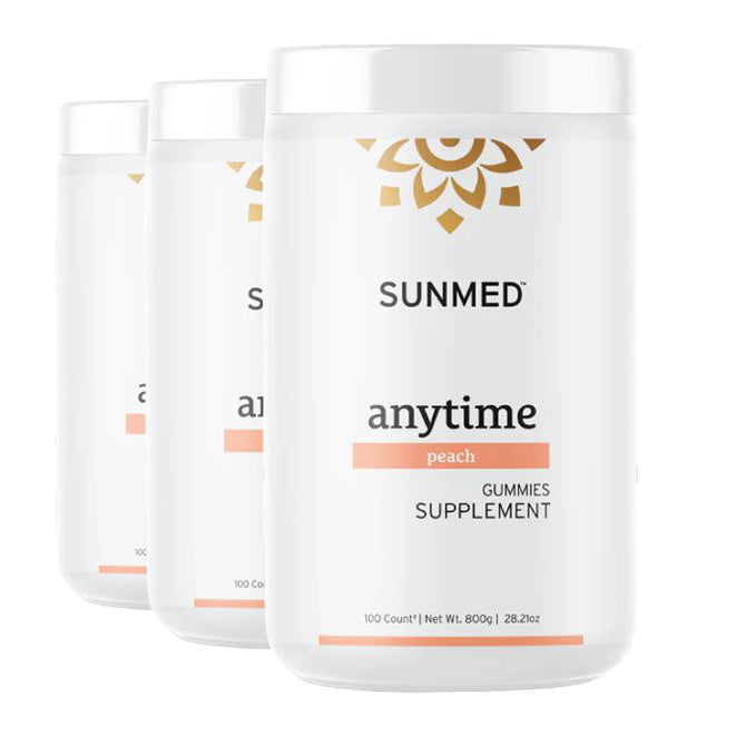 Three white jars labeled “*30% Off* - Full Profile Anytime Gummies 100ct 3-Pack” from Sunmed CBD, featuring a minimalist design.