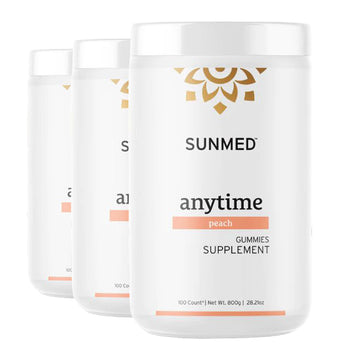 Three white jars labeled “*30% Off* - Full Profile Anytime Gummies 100ct 3-Pack” from Sunmed CBD, featuring a minimalist design.
