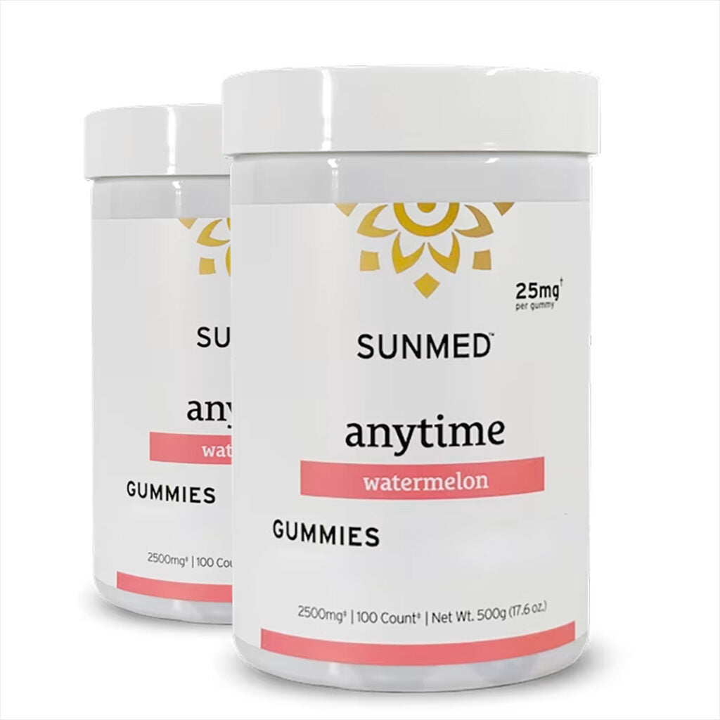 Two white jars labeled “Sunmed CBD Anytime Gummies” (100ct each, 25mg per gummy, watermelon flavor), available as a *20% Off* 2-Pack.