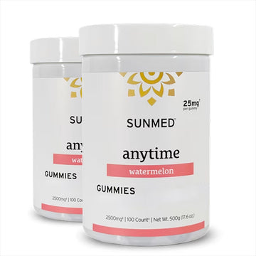 Two white jars labeled “Sunmed CBD Anytime Gummies” (100ct each, 25mg per gummy, watermelon flavor), available as a *20% Off* 2-Pack.