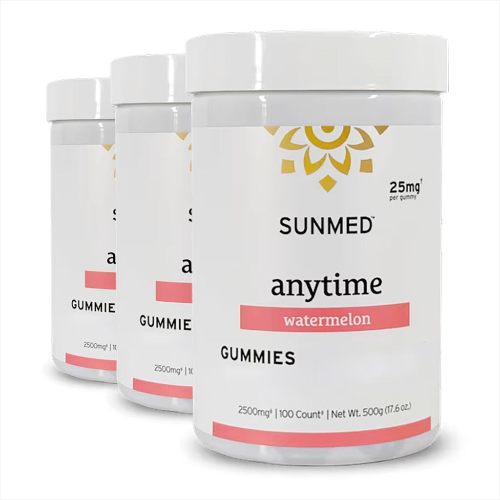 Three jars of Sunmed CBD *30% Off* - Full Profile Anytime Gummies 100ct 3-Pack, each jar containing 100 gummies with 25mg per gummy.