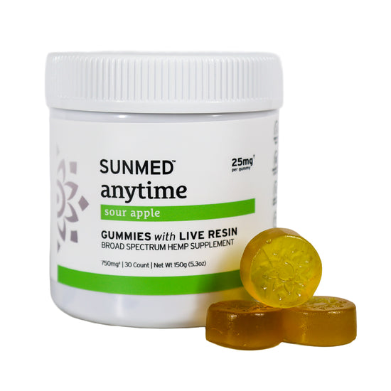 A jar of Sunmed CBD Broad Spectrum CBD Anytime Gummies sits behind three yellow gummies, displayed in front of the container.
