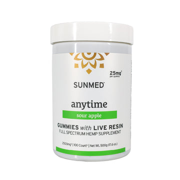 White container of Sunmed CBD Full Spectrum Anytime CBD Gummies in sour apple flavor, a hemp-derived live resin supplement.