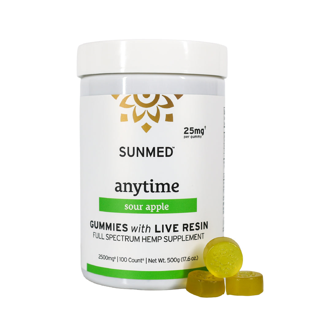 White container labeled "Sunmed CBD Full Spectrum Anytime CBD Gummies" with three yellow gummies beside it.
