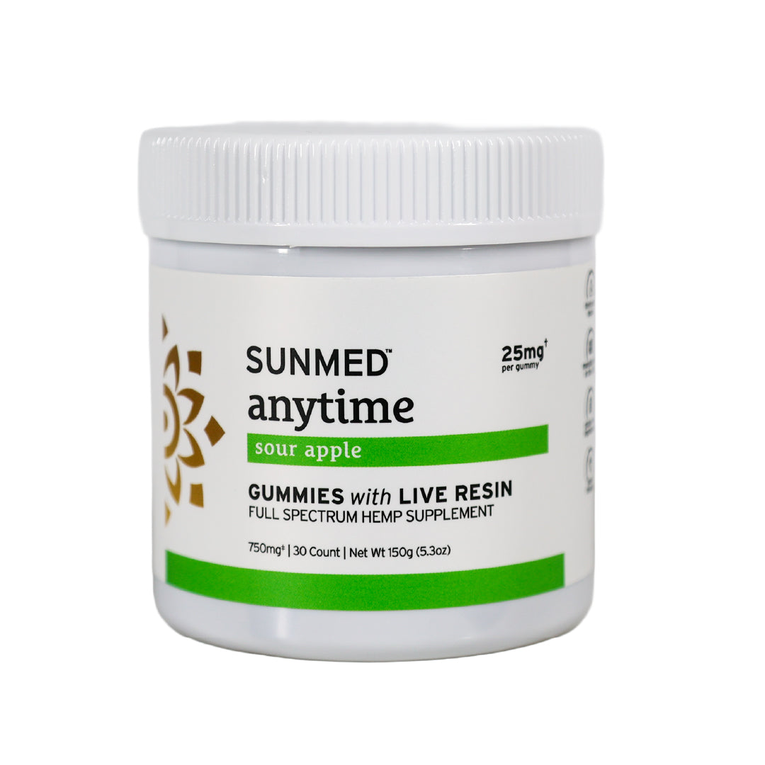 Sunmed CBD Full Spectrum Anytime CBD Gummies, Sour Apple flavor, 25mg per gummy, 30 count (750mg total). Hemp-derived gummies for daily wellness.