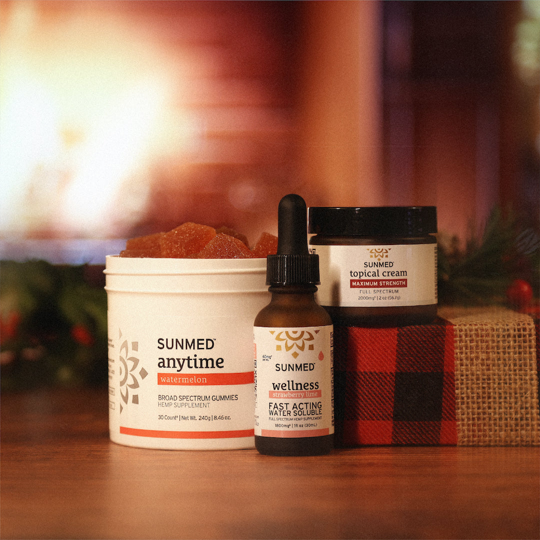 Sunmed CBD's Anytime Gummies, Water Soluble Drops, and Topical Cream Holiday Bundle showcased on a festive background.