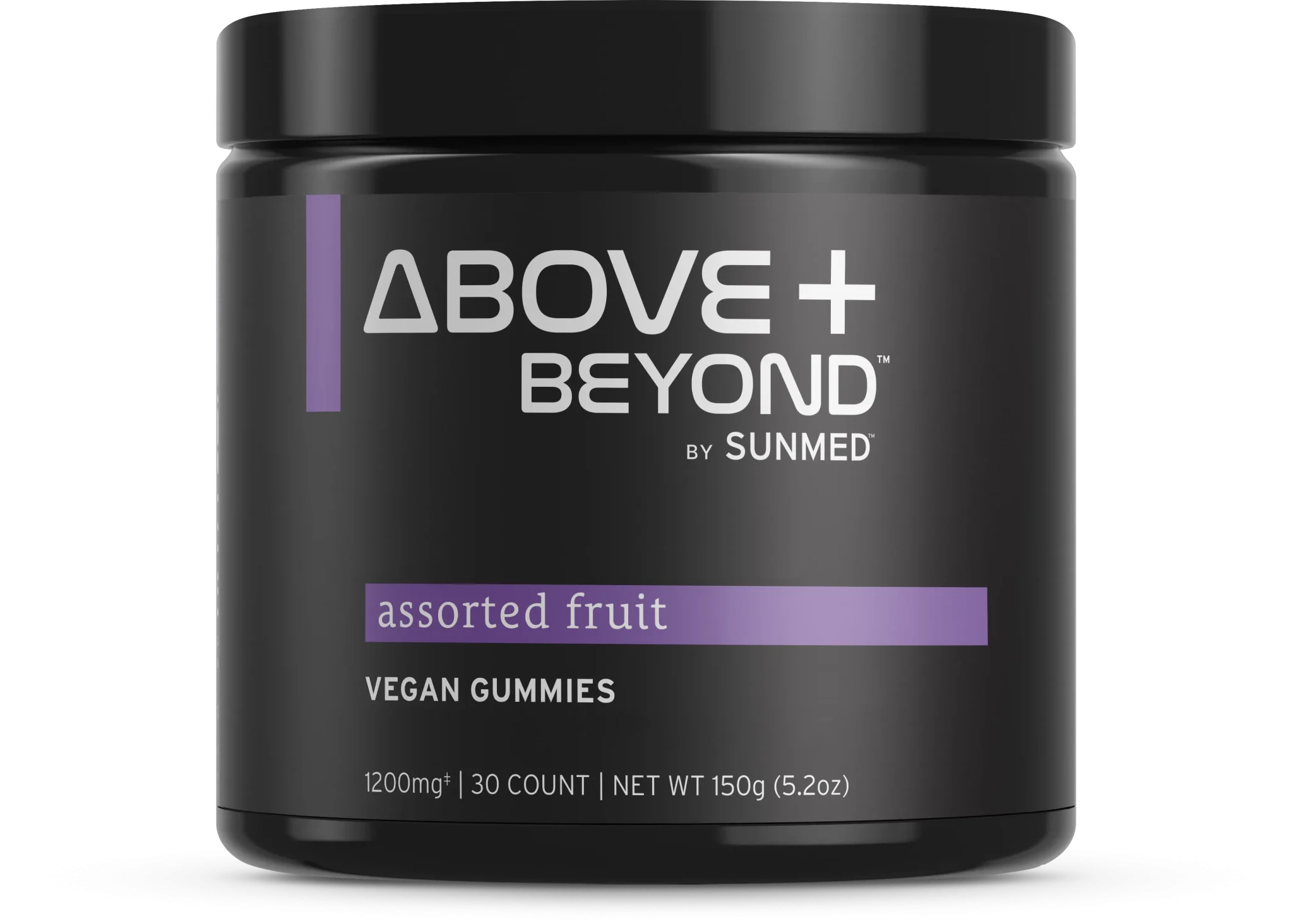 Black jar labeled “*15% Off* - Above+Beyond 30ct by Sunmed CBD, assorted fruit vegan gummies, 1200mg, 30 count, 150g.”.