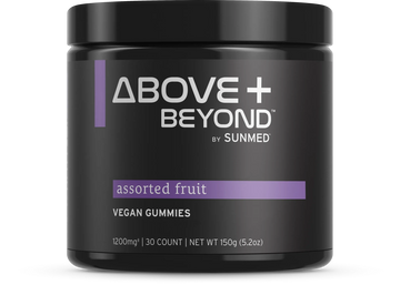 Black jar labeled “*15% Off* - Above+Beyond 30ct by Sunmed CBD, assorted fruit vegan gummies, 1200mg, 30 count, 150g.”.