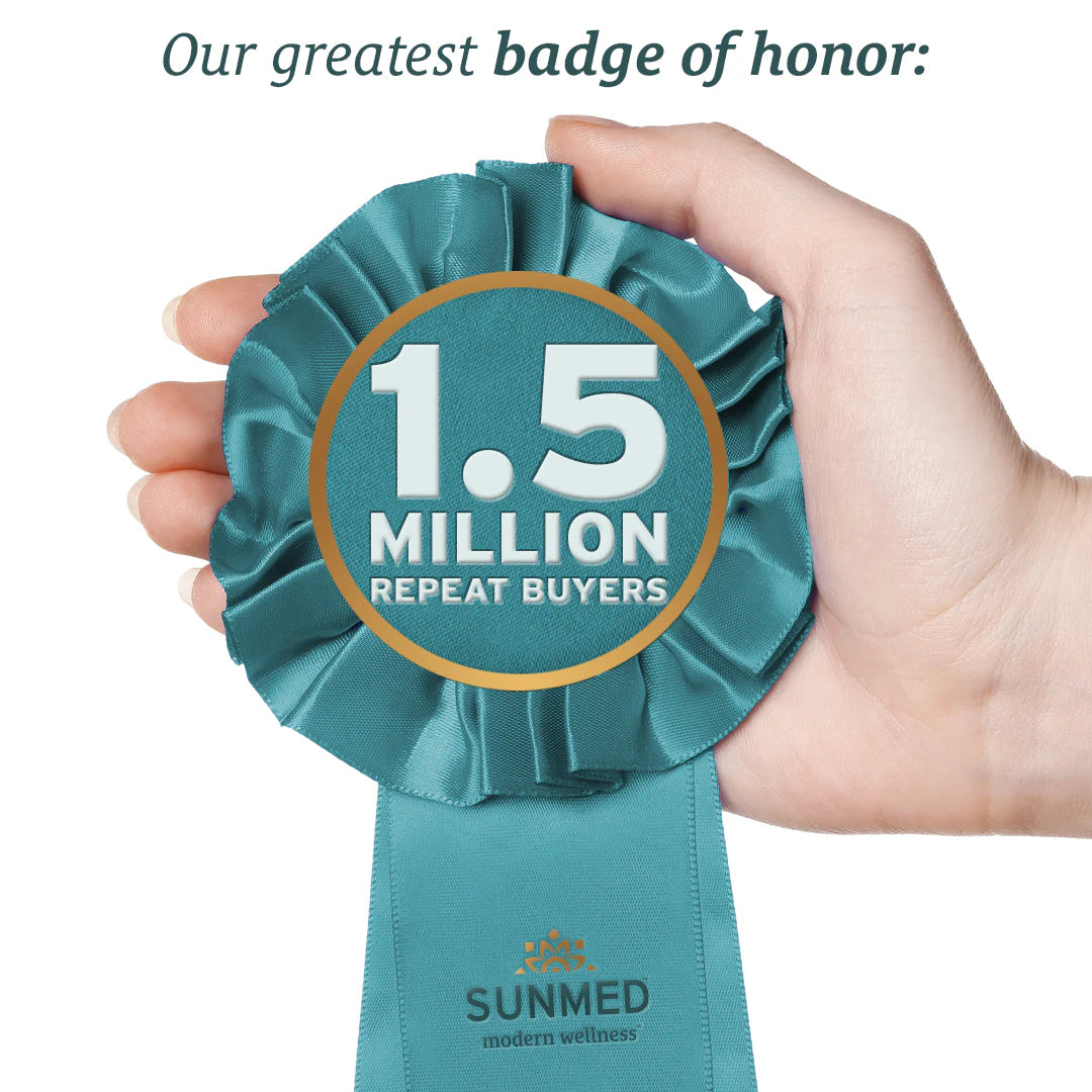 Hand holding a teal ribbon that reads “1.5 million repeat buyers,” with the Sunmed CBD logo at the bottom, highlighting our commitment to topical relief through innovative products like our Full Spectrum Relief CBD Cream Sample Tube infused with premium hemp extract.