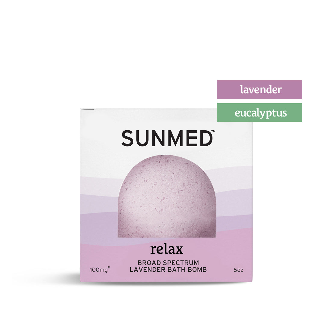 Sunmed CBD Broad Spectrum CBD Bath Bombs in the Relax Lavender variety, 100mg, 5oz, feature labels highlighting soothing lavender and eucalyptus scents. Indulge in a luxurious bath experience that combines the calming benefits of essential oils with Broad Spectrum CBD.