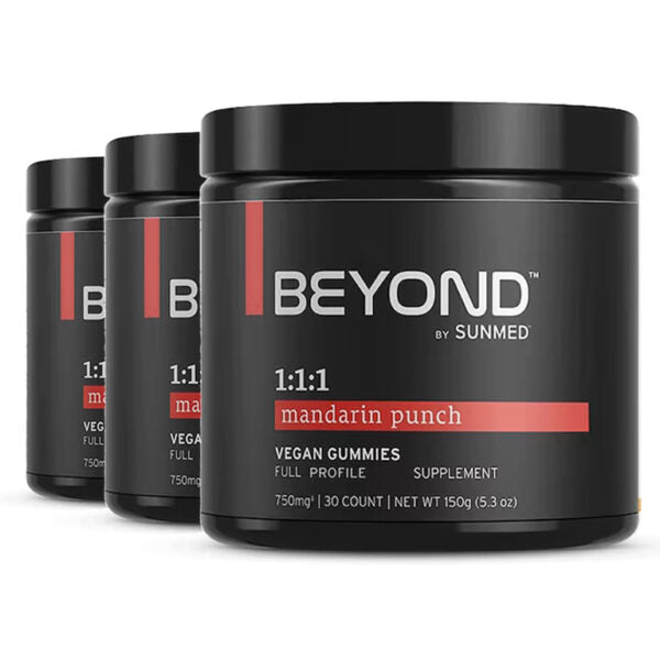 Three black jars labeled as a supplement: the *30% Off* - 1:1:1 Sativa Gummies 3-Pack from Sunmed CBD.