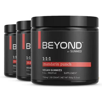 Three black jars labeled as a supplement: the *30% Off* - 1:1:1 Sativa Gummies 3-Pack from Sunmed CBD.