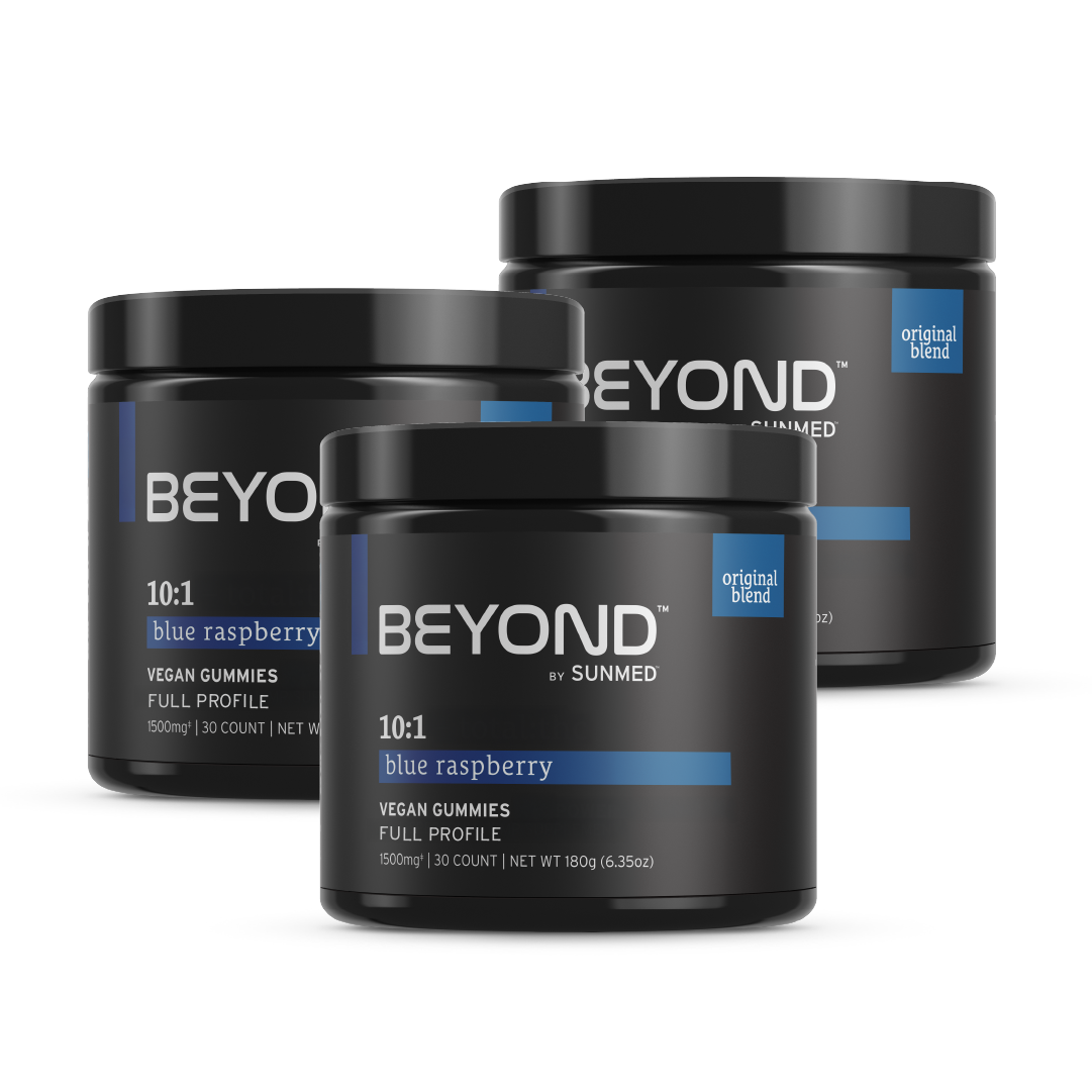 Three black jars labeled “Sunmed CBD *30% Off* - Beyond Gummies 30ct 3-Pack” with blue accents, arranged together.