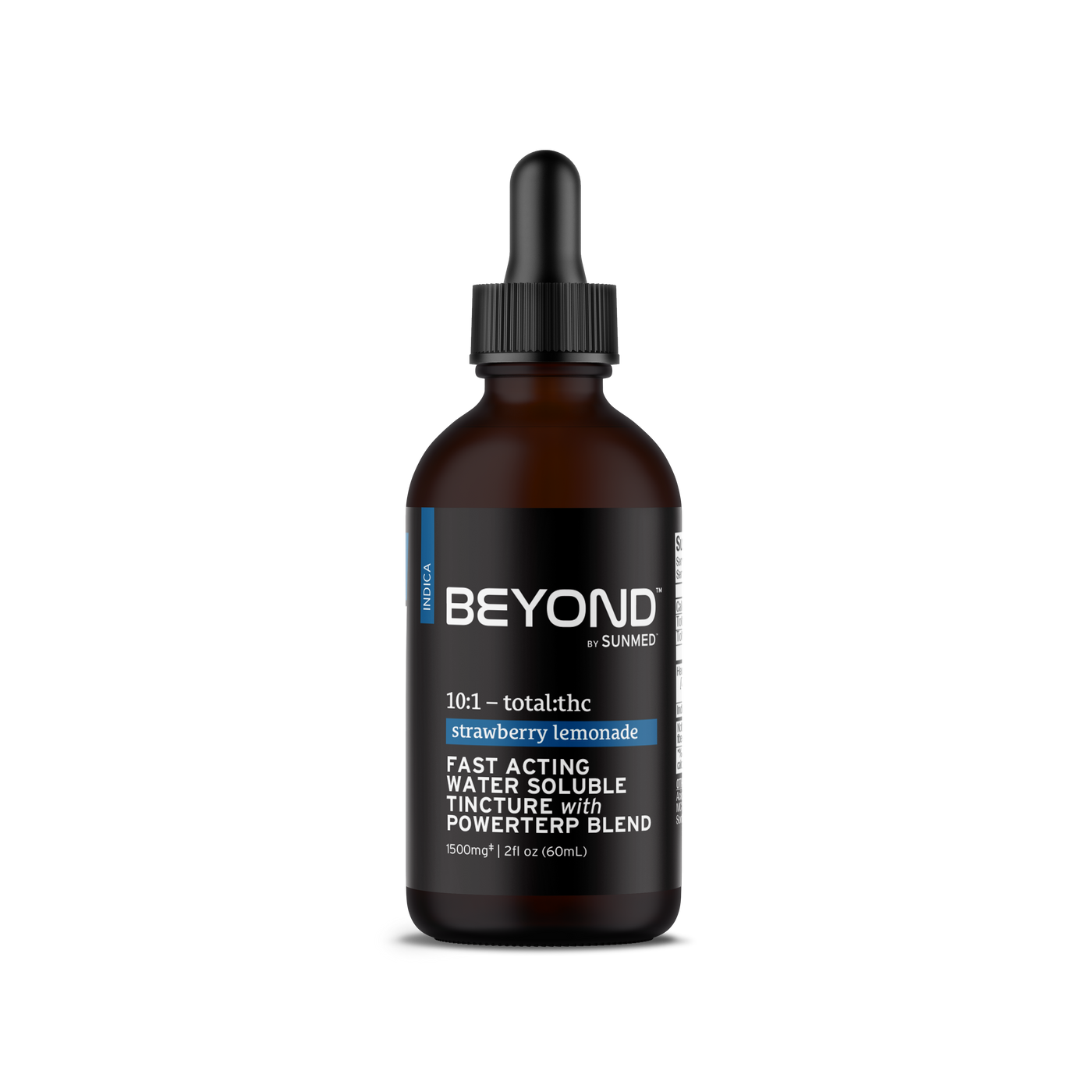 A brown dropper bottle labeled "Sunmed CBD Beyond Indica CBD Water Soluble," featuring an Indica water soluble formula and enriched with minor cannabinoids for a fast-acting CBD experience.