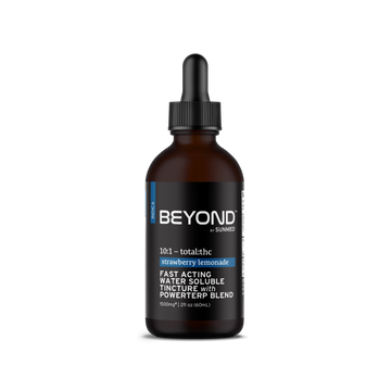 A brown dropper bottle labeled "Sunmed CBD Beyond Indica CBD Water Soluble," featuring an Indica water soluble formula and enriched with minor cannabinoids for a fast-acting CBD experience.