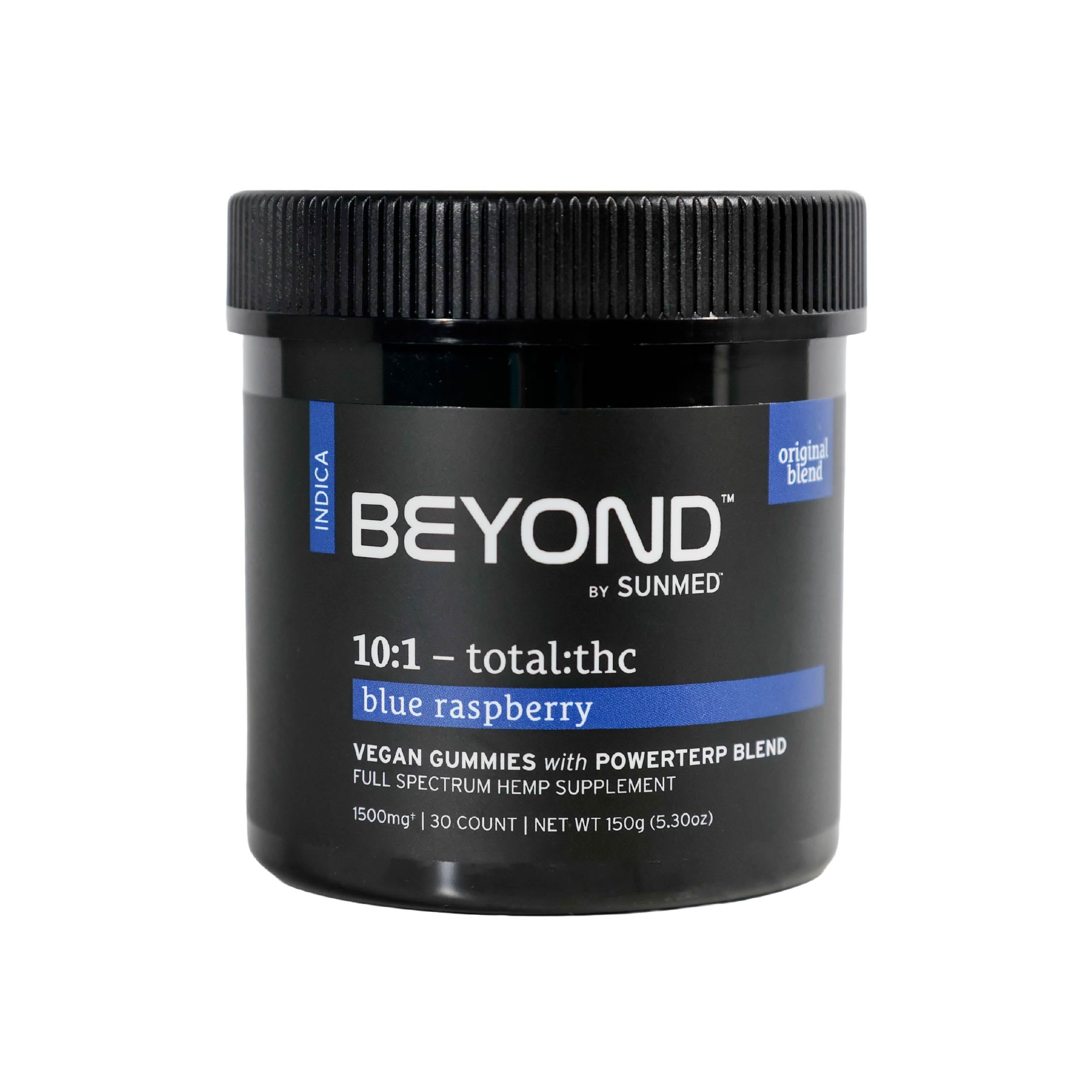 Black jar labeled "Beyond Indica CBD Gummies" by Sunmed CBD, with white and blue text, featuring a terpene-rich blend of full spectrum hemp extract.