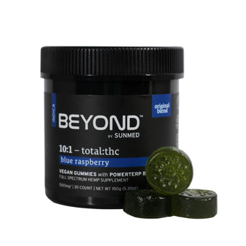 A black jar labeled "Sunmed CBD Beyond Indica CBD Gummies," featuring a terpene-rich blend, with three green gummies displayed in front.