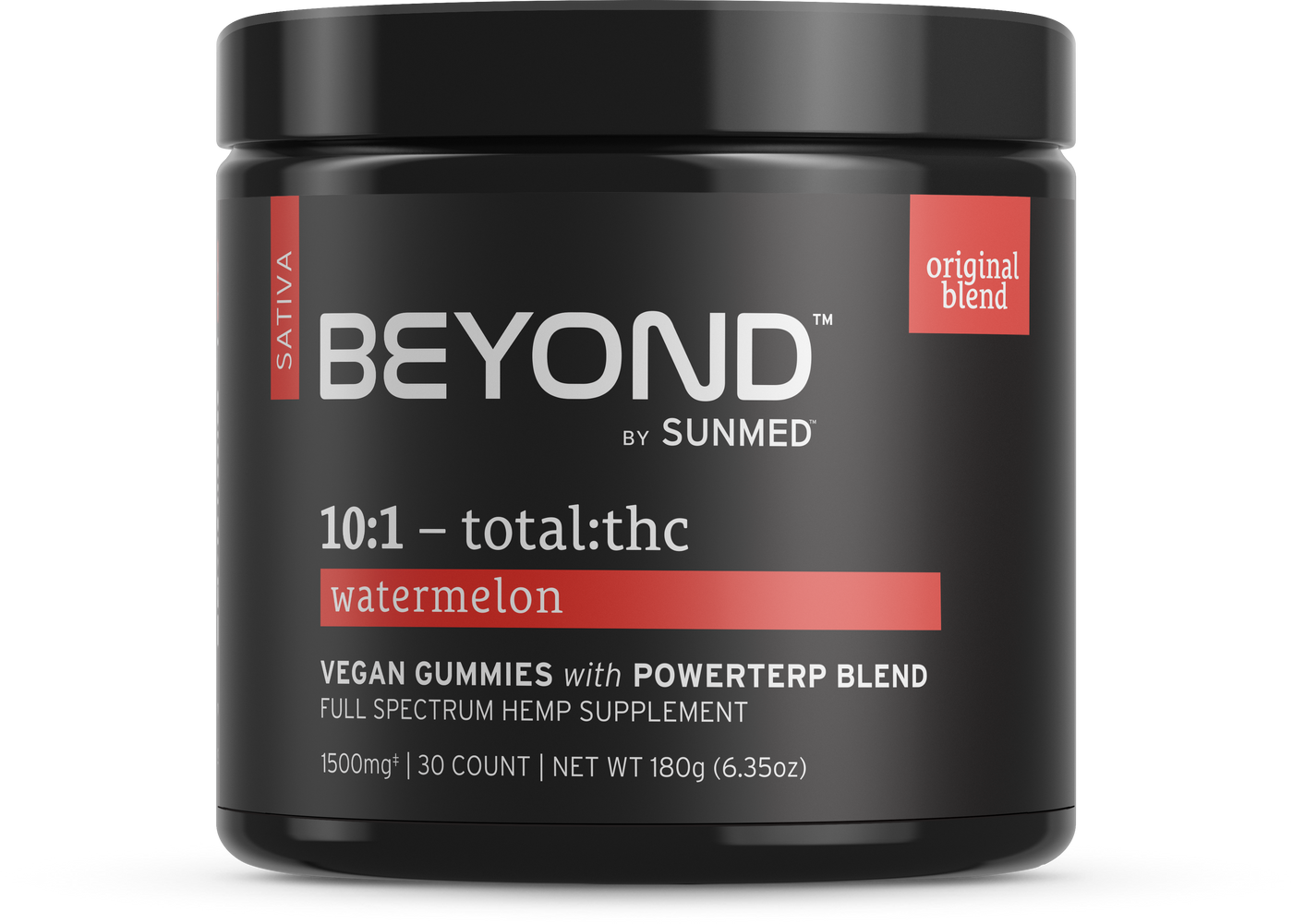 Black jar labeled "Beyond Sativa CBD Gummies" by Sunmed CBD, featuring a watermelon flavor, 10:1 CBD:THC ratio, and a terpene-rich original formula.