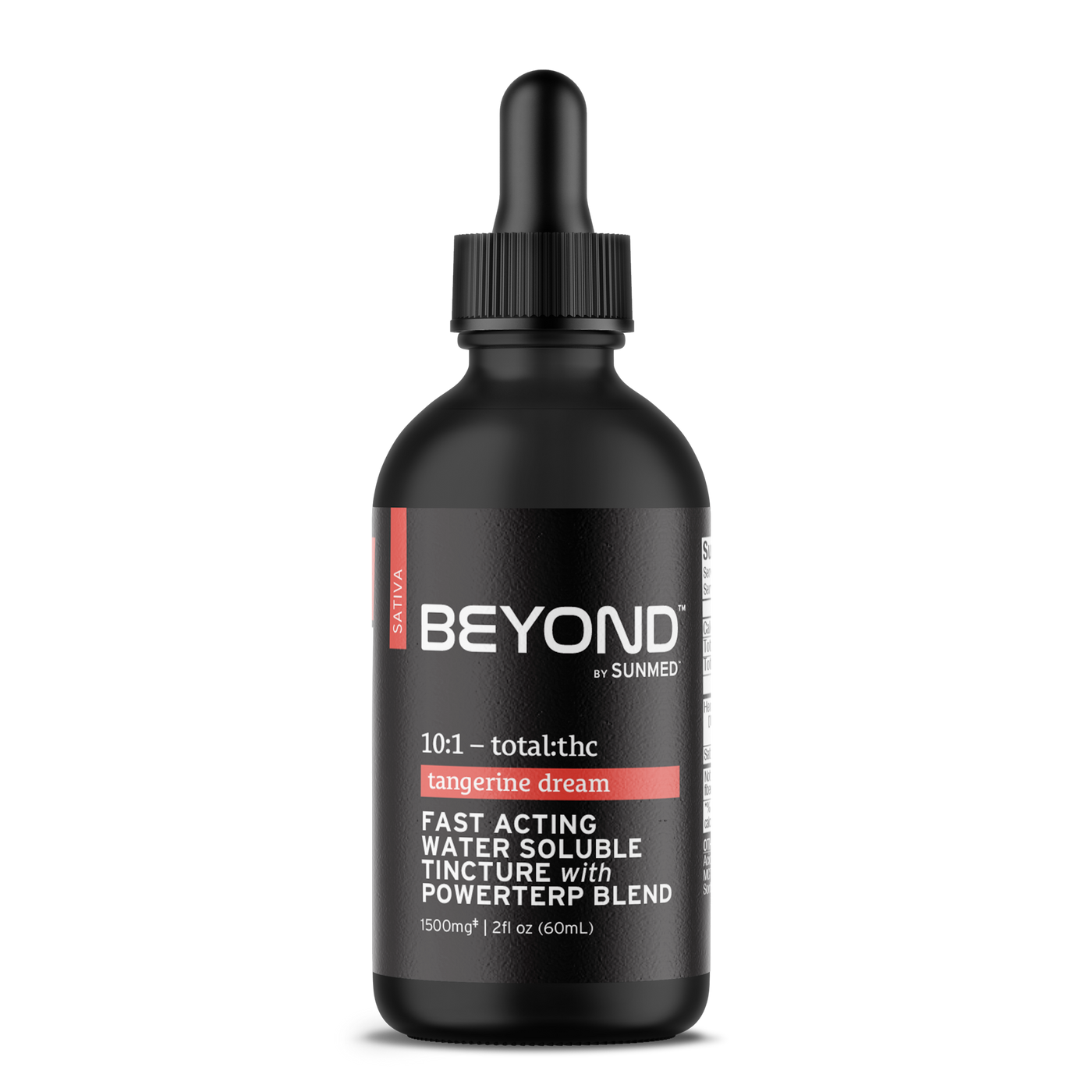 A black dropper bottle labeled "Sunmed CBD Beyond Sativa CBD Water Soluble, fast-acting, tangerine dream PowerTERP blend, 2 fl oz.