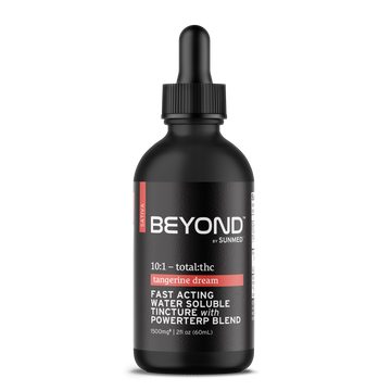 A black dropper bottle labeled "Sunmed CBD Beyond Sativa CBD Water Soluble, fast-acting, tangerine dream PowerTERP blend, 2 fl oz.