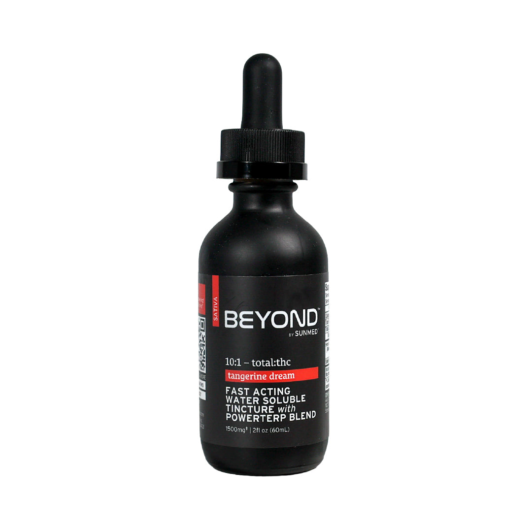 A black dropper bottle labeled "Beyond Sativa CBD Water Soluble, Sunmed CBD," features minor cannabinoids for fast-acting relief.