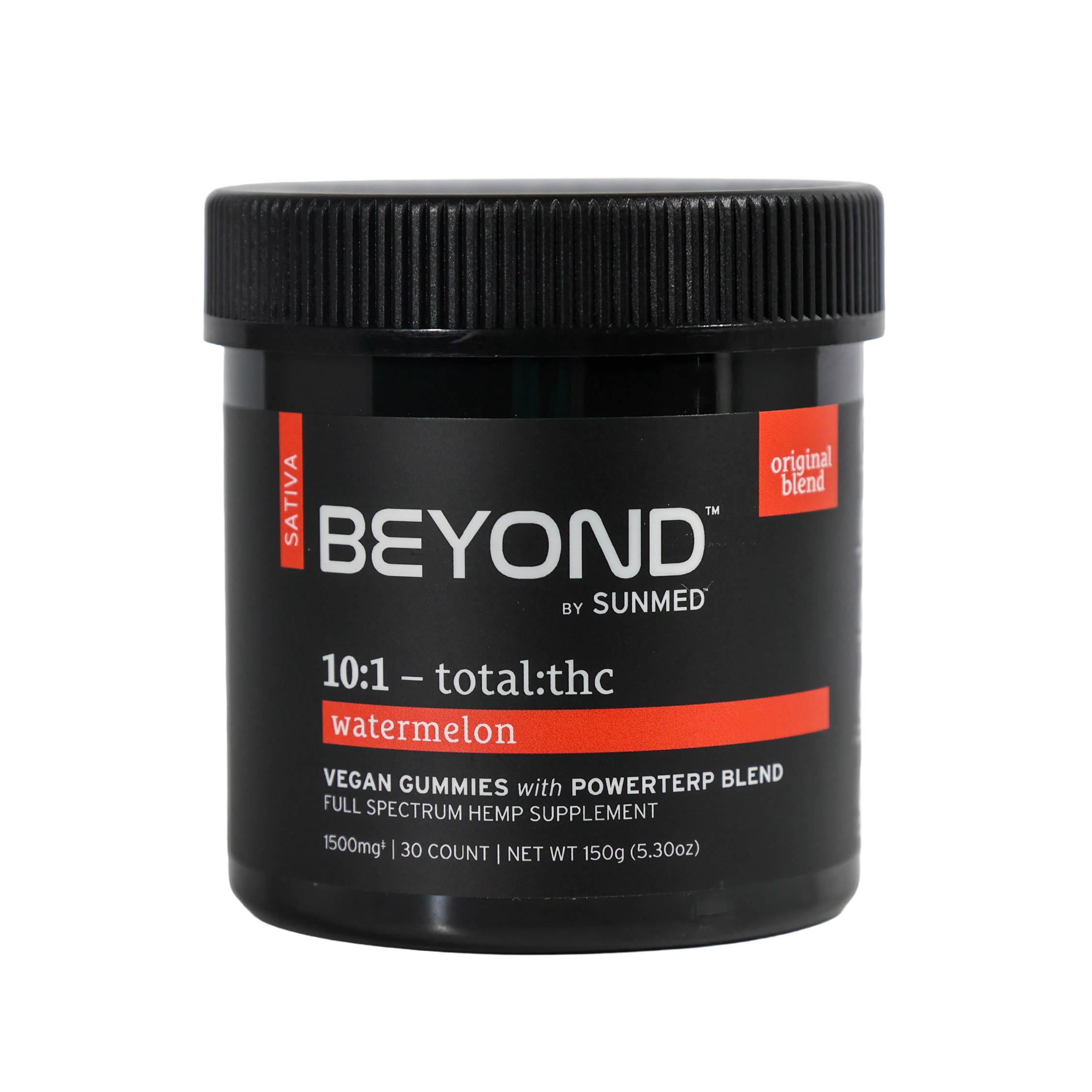 Black jar labeled "Sunmed CBD Beyond Sativa CBD Gummies," watermelon vegan gummies, 10:1 total:thc, original blend, 30 count. Features a terpene-rich formula for a premium Sativa CBD experience.