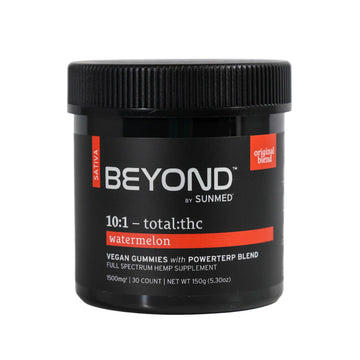Black jar labeled "Sunmed CBD Beyond Sativa CBD Gummies," watermelon vegan gummies, 10:1 total:thc, original blend, 30 count. Features a terpene-rich formula for a premium Sativa CBD experience.