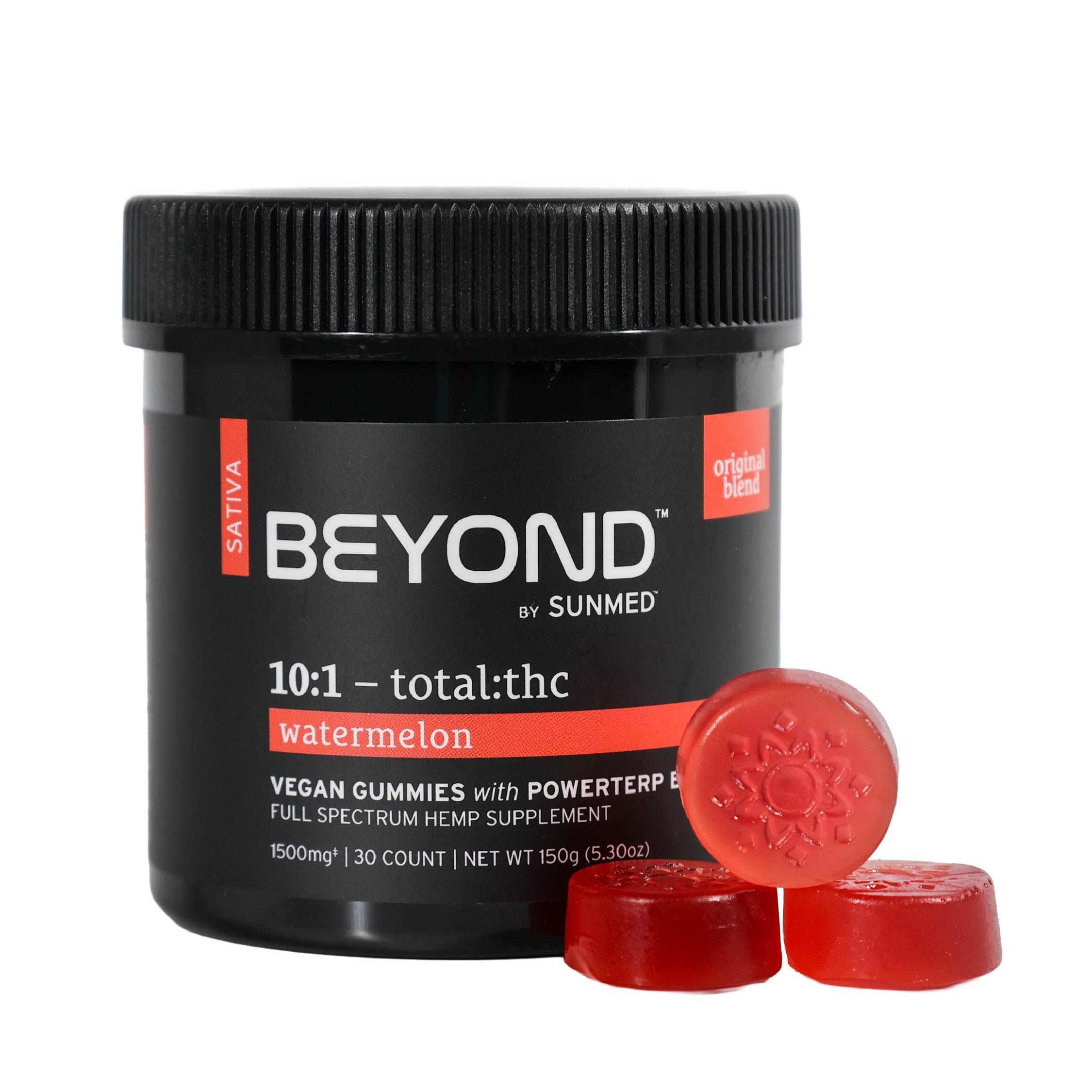 A black jar labeled "Sunmed CBD Beyond Sativa CBD Gummies" with three red gummies beside it, featuring a terpene-rich formula for a flavorful experience.