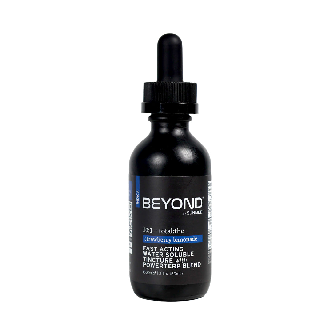 Black dropper bottle labeled "Beyond Indica CBD Water Soluble" from Sunmed CBD, featuring blue and white text and formulated for fast-acting relief.
