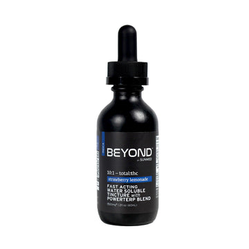 Black dropper bottle labeled "Beyond Indica CBD Water Soluble" from Sunmed CBD, featuring blue and white text and formulated for fast-acting relief.