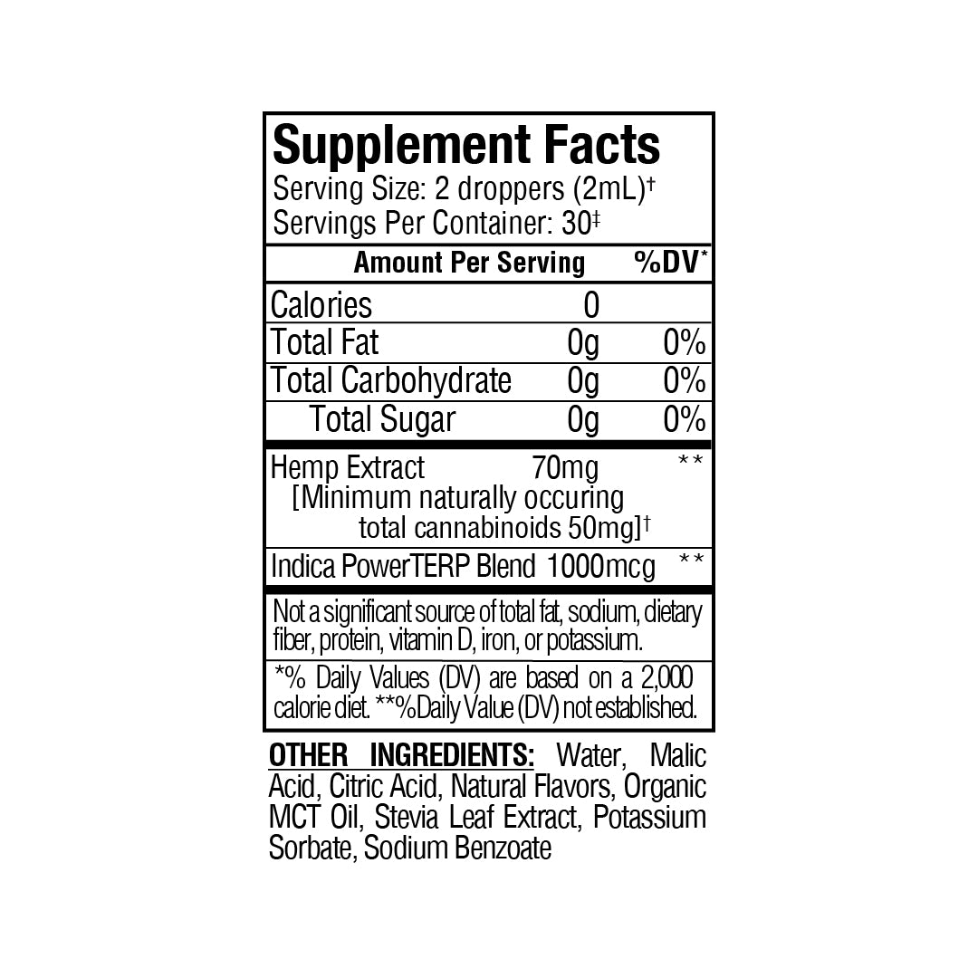 Supplement facts label for Sunmed CBD's Beyond Indica CBD Water Soluble, featuring CBD and Indica PowerTERP Blend. Highlights include ingredient list, nutritional info, and fast-acting relief.