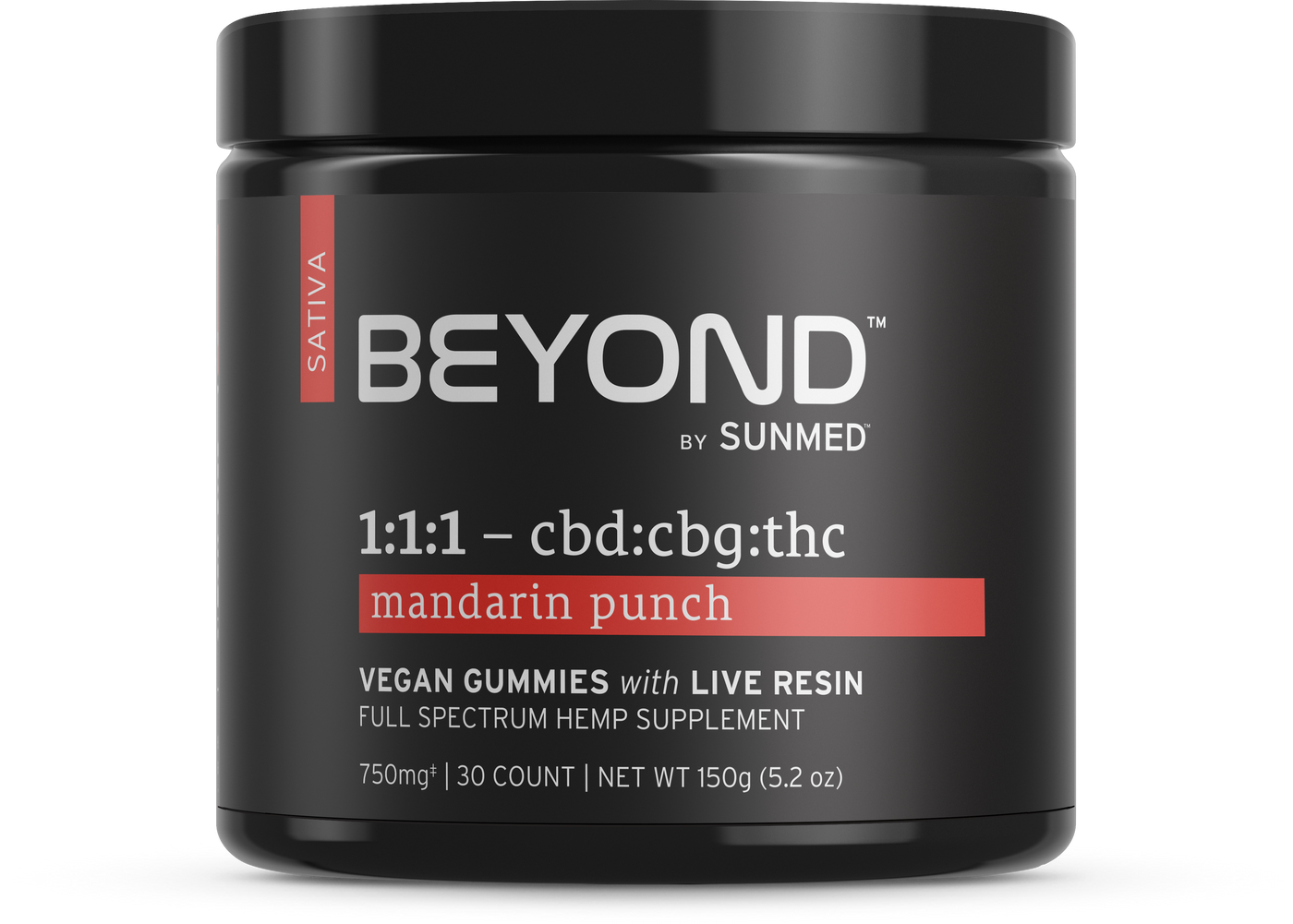 Black jar labeled "Beyond 1:1:1 Sativa Live Resin Gummies" by SunMed CBD, vegan, mandarin punch flavor, contains 30 gummies with 750mg full spectrum hemp extract (cbd:cbg:thc).