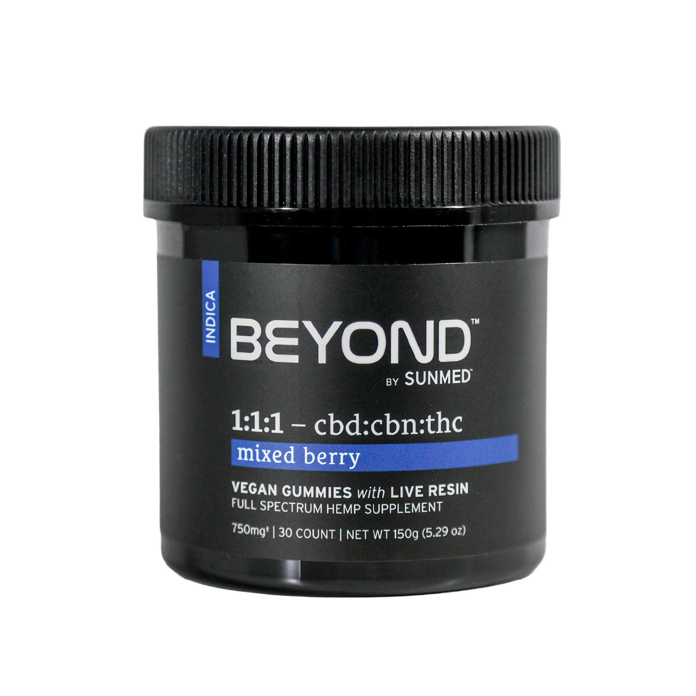 Sunmed CBD’s Beyond 1:1:1 Indica Live Resin Gummies feature mixed berry, vegan gummies with CBD, CBN, and THC for natural sleep support.