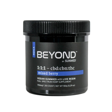Sunmed CBD’s Beyond 1:1:1 Indica Live Resin Gummies feature mixed berry, vegan gummies with CBD, CBN, and THC for natural sleep support.