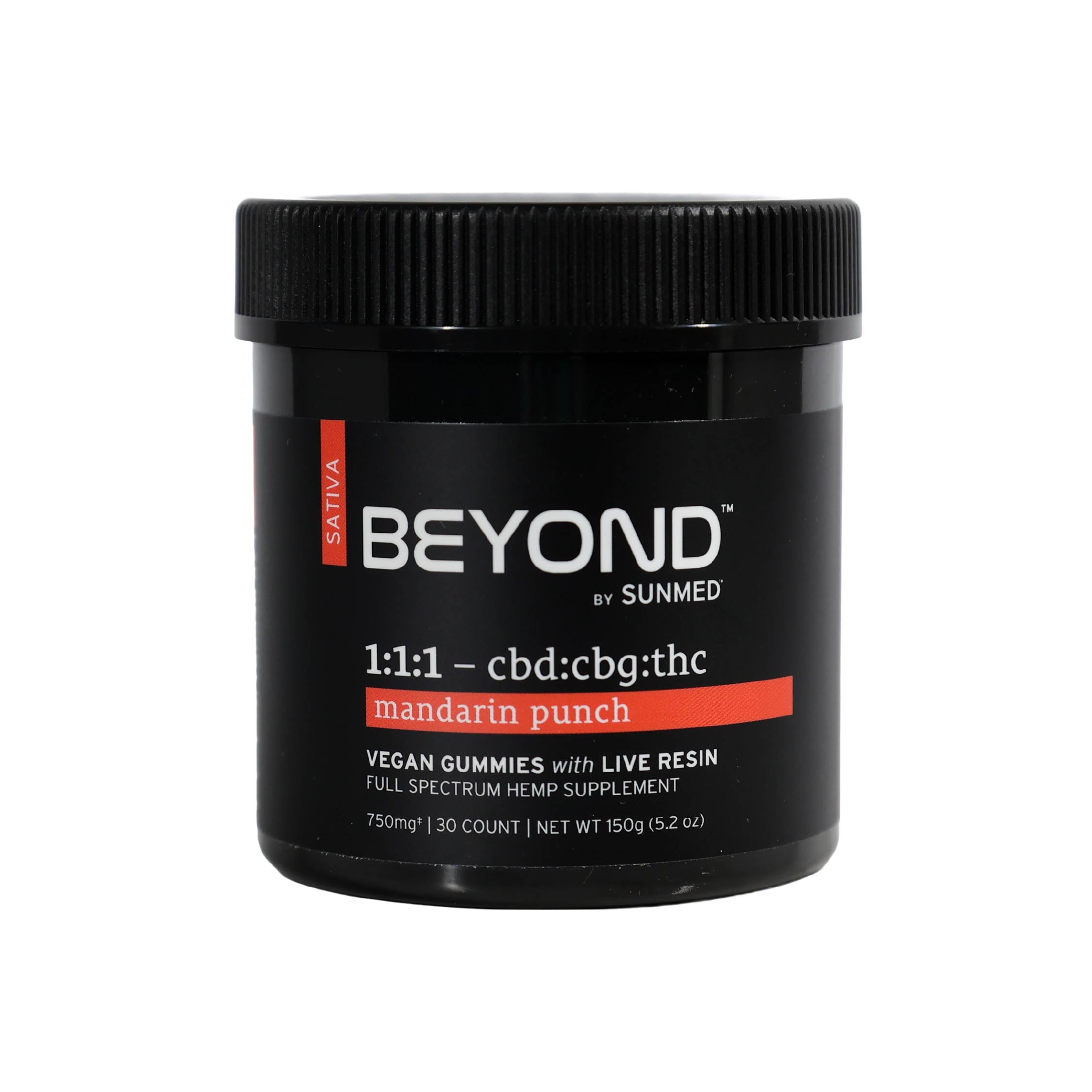 Black jar of SunMed CBD Beyond 1:1:1 Sativa Live Resin Gummies, mandarin punch flavor, vegan, with full spectrum hemp extract and 1:1:1 CBD:CBG:THC ratio. Contains 30 gummies.