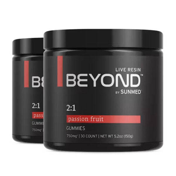 Two black jars labeled “Sunmed CBD *20% Off* - Full Profile Beyond 2:1 Focus Gummies 2-Pack” with red accents, positioned side by side.