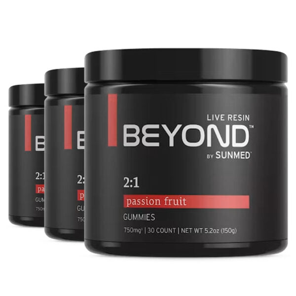 Three black jars of *30% Off* - Full Profile Beyond 2:1 Focus Gummies 3-Pack by Sunmed CBD.
