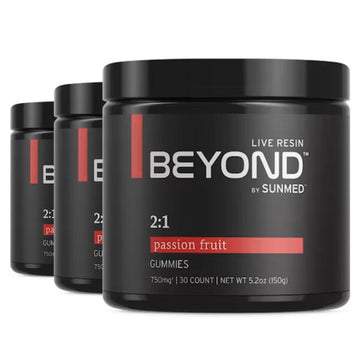 Three black jars of *30% Off* - Full Profile Beyond 2:1 Focus Gummies 3-Pack by Sunmed CBD.