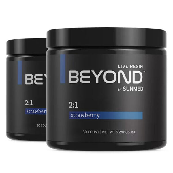 Two black containers labeled “Sunmed CBD” and “BEYOND” with “2:1 Indica Gummies - Strawberry” and product details in white and blue text, featuring a *20% Off* 2-pack offer.